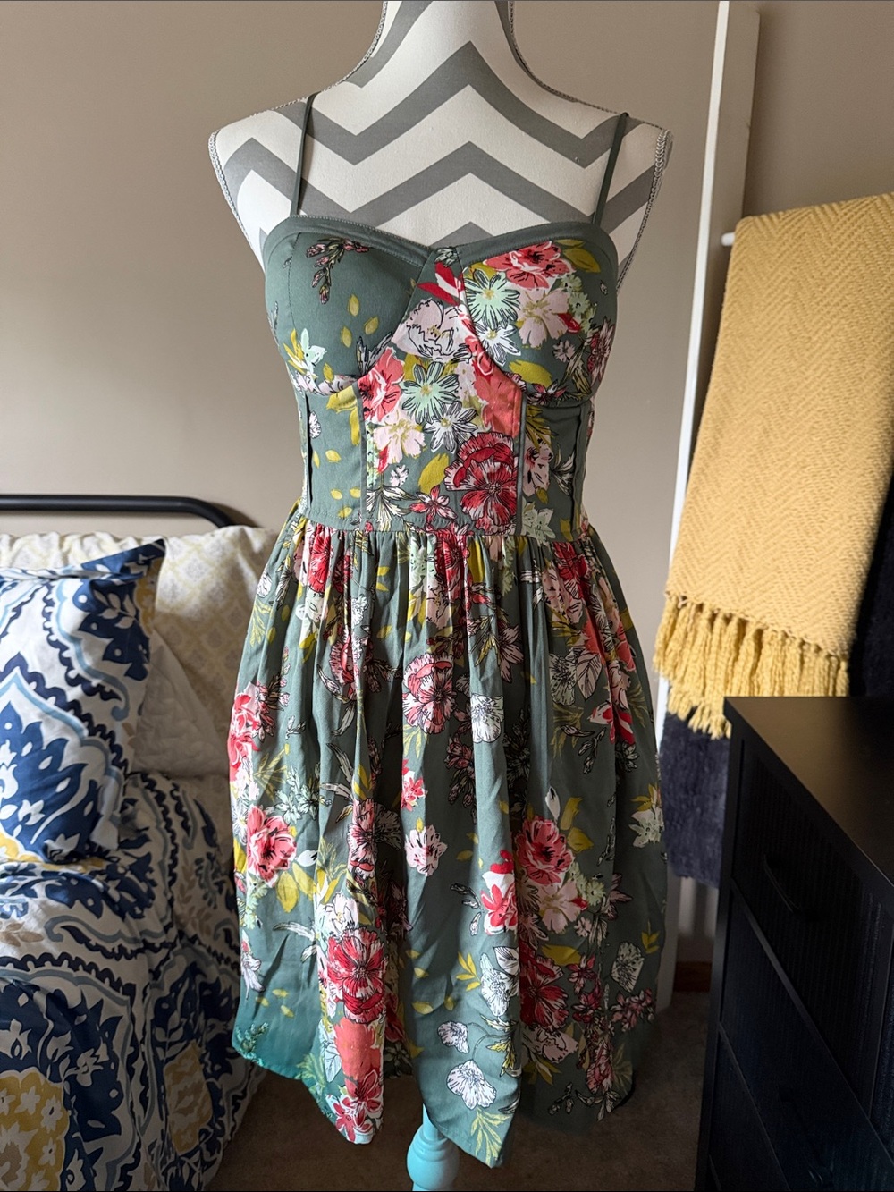 Floral Fit-and-Flare Mini Dress in Sage Green
